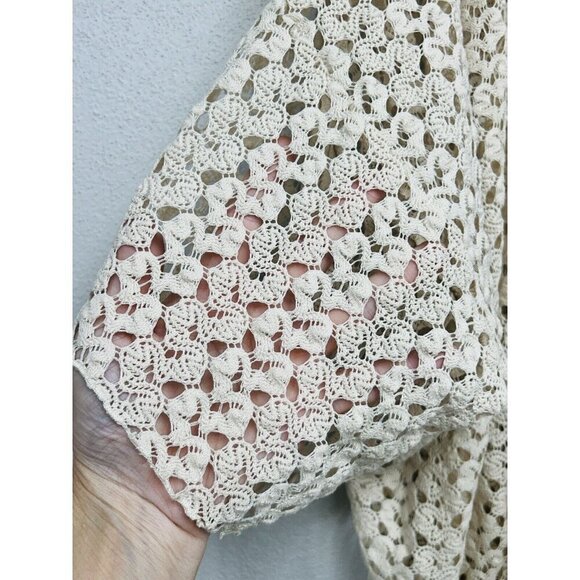 Earthbound Trading Co Crochet Cardigan Small Ivory Pink Fringe Coverup Boho - Picture 7 of 8